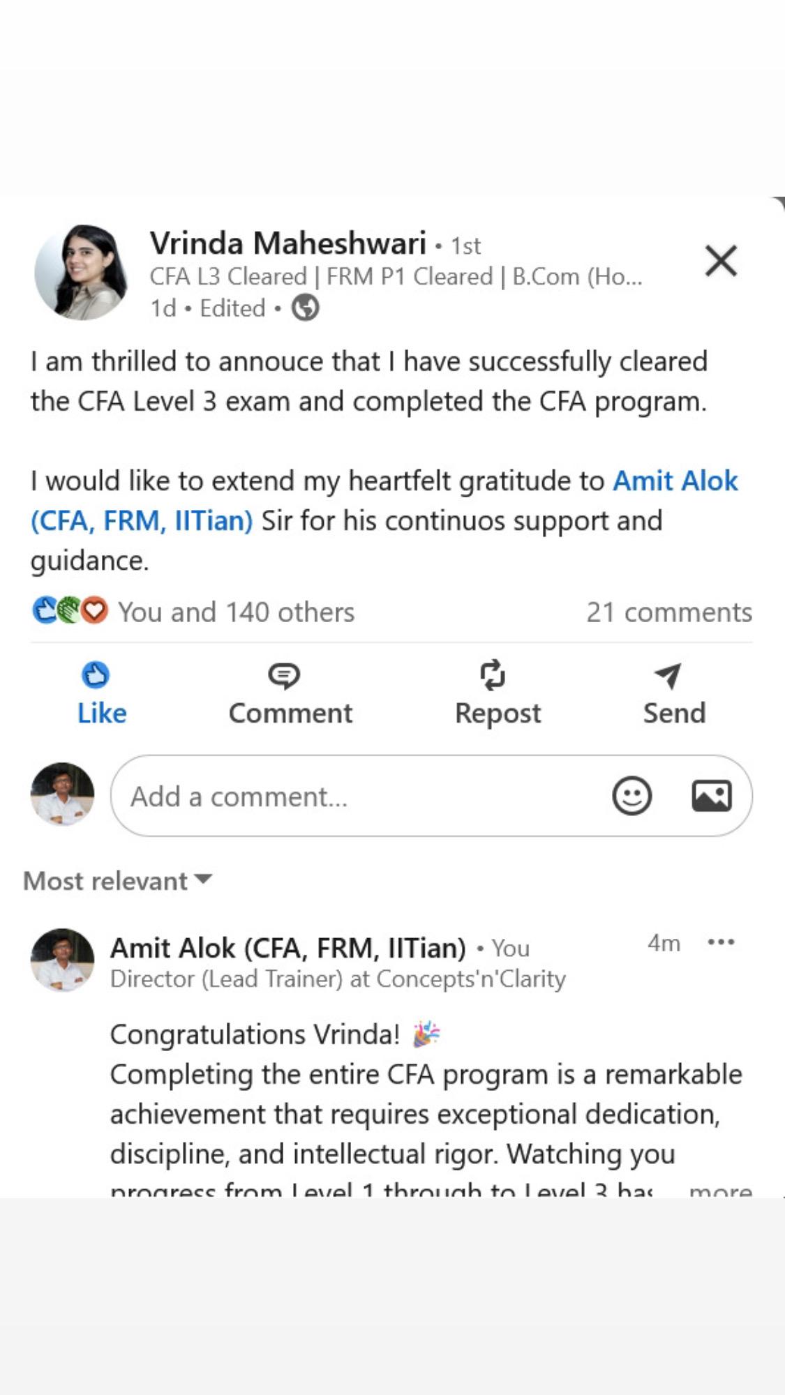 Vrinda Maheshwari — CFA Level 3 cleared, Concepts n Clarity Gurgaon